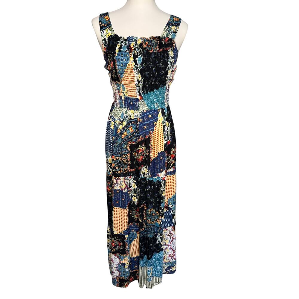 Sky and Sand Patchwork Midi Dress Smocked Boho Festival Rayon Size Large